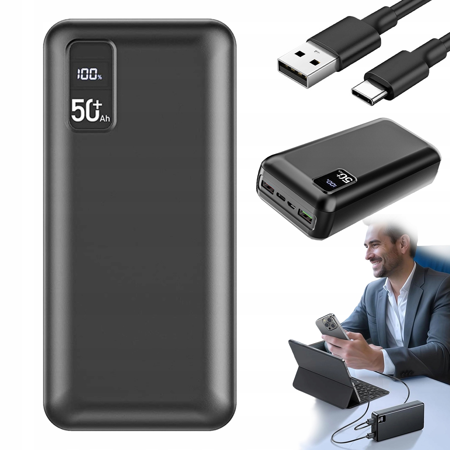 Powerbanka S Kabely Rychlé Nabíjení 50000MAH 2XUSB-A 1XTYPE-C