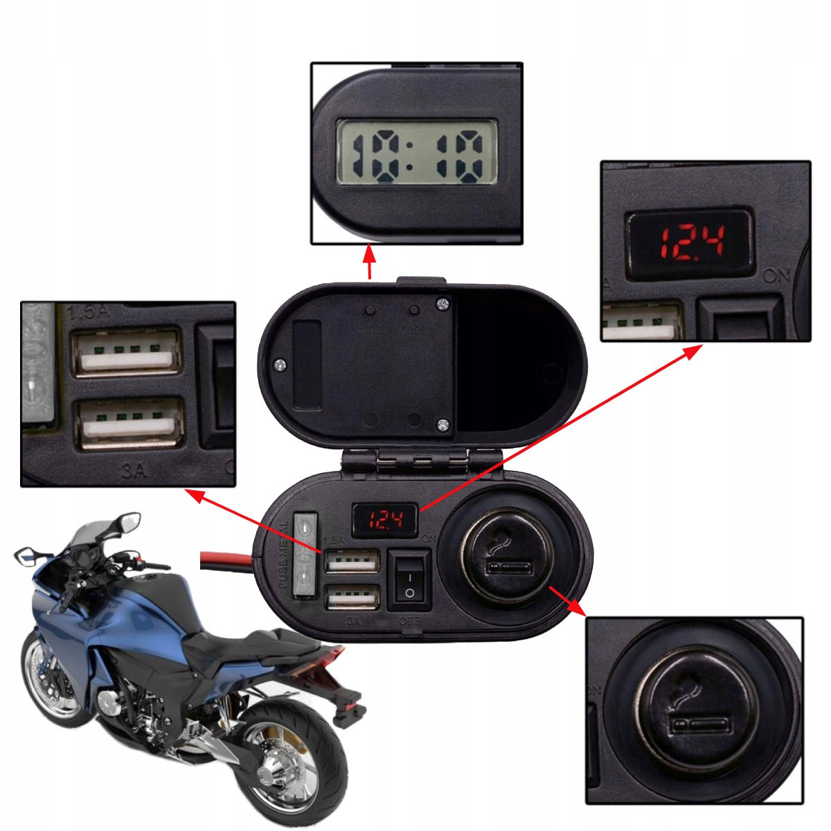 ŁADOWARKA MOTOCYKL 2x USB 3A SZYBKA WOLTOMIERZ Producent bez marki