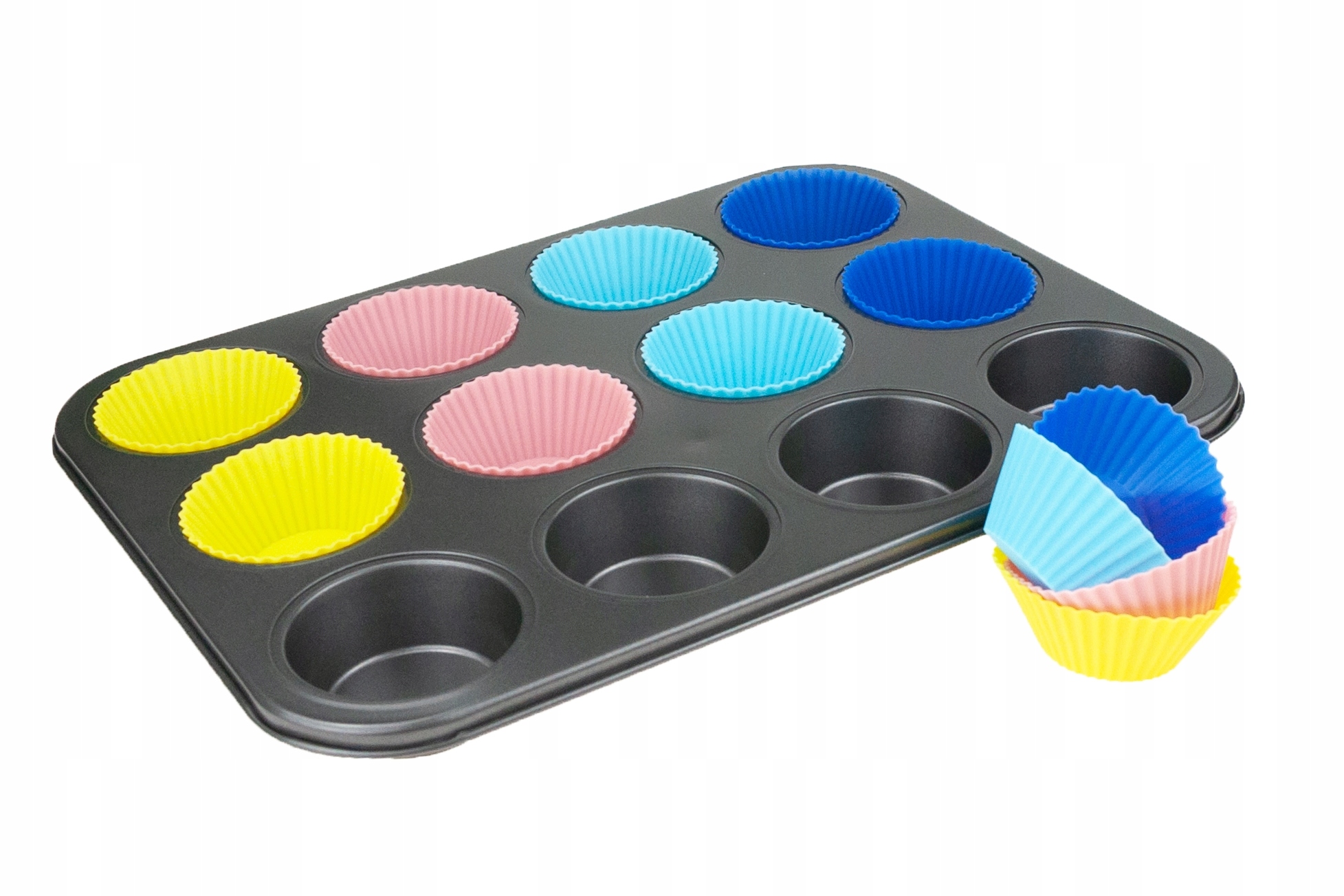 BLACHA na MUFFINKI + 12 SILIKONOWYCH FOREMEK do BABECZEK FORMA NA CIASTKA Marka Martom
