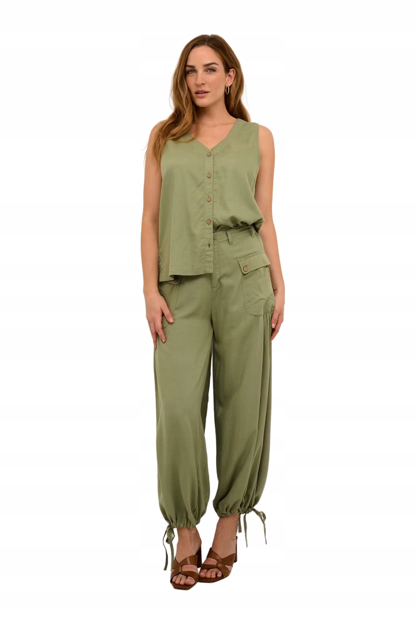 Cream Khaki Ležérní Kalhoty Se Lnem A Zavazováním Na Nohavicích 38 6BA