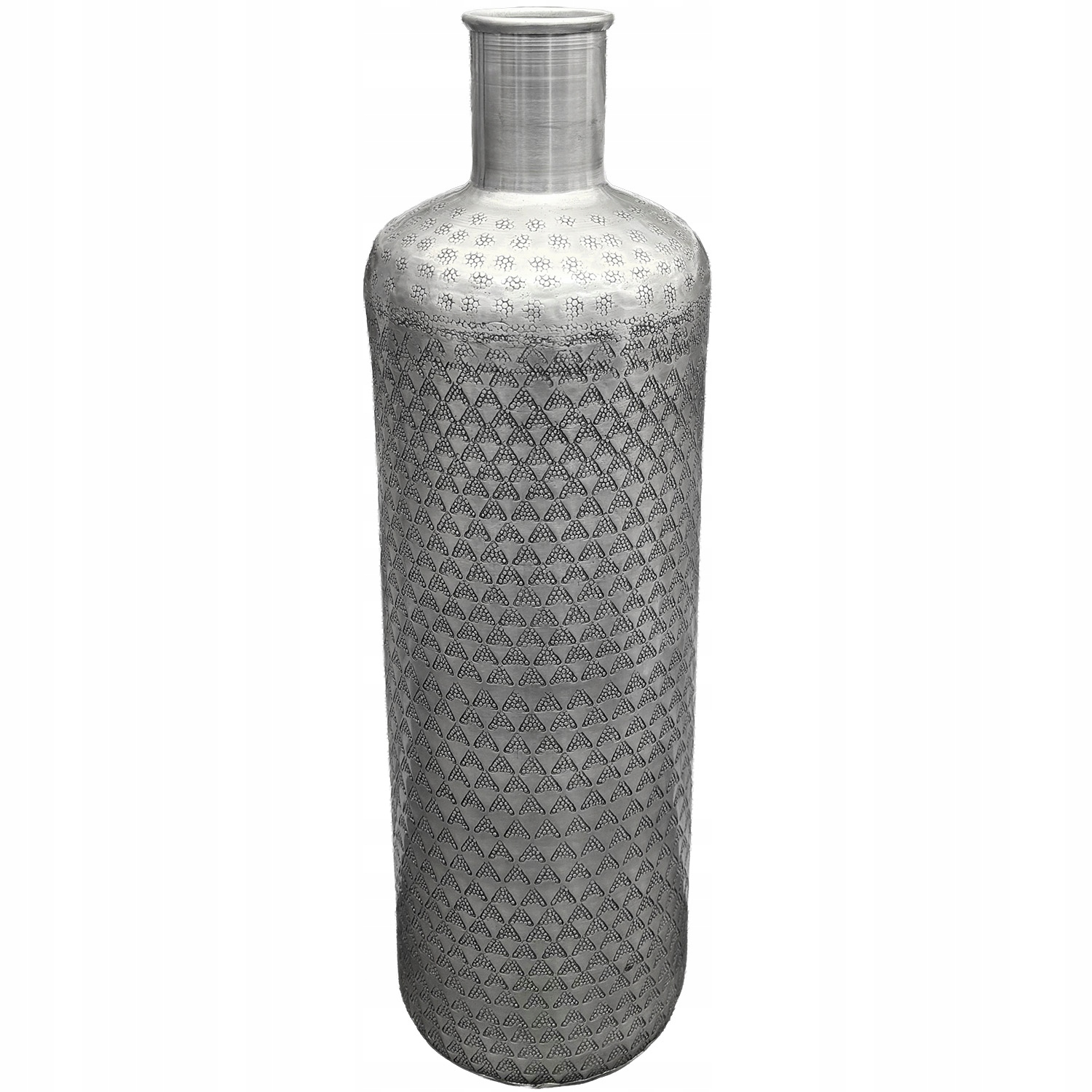 Vysoká Podlahová Váza Láhev 46 cm kovová, stříbrná, úzká, podlouhlá