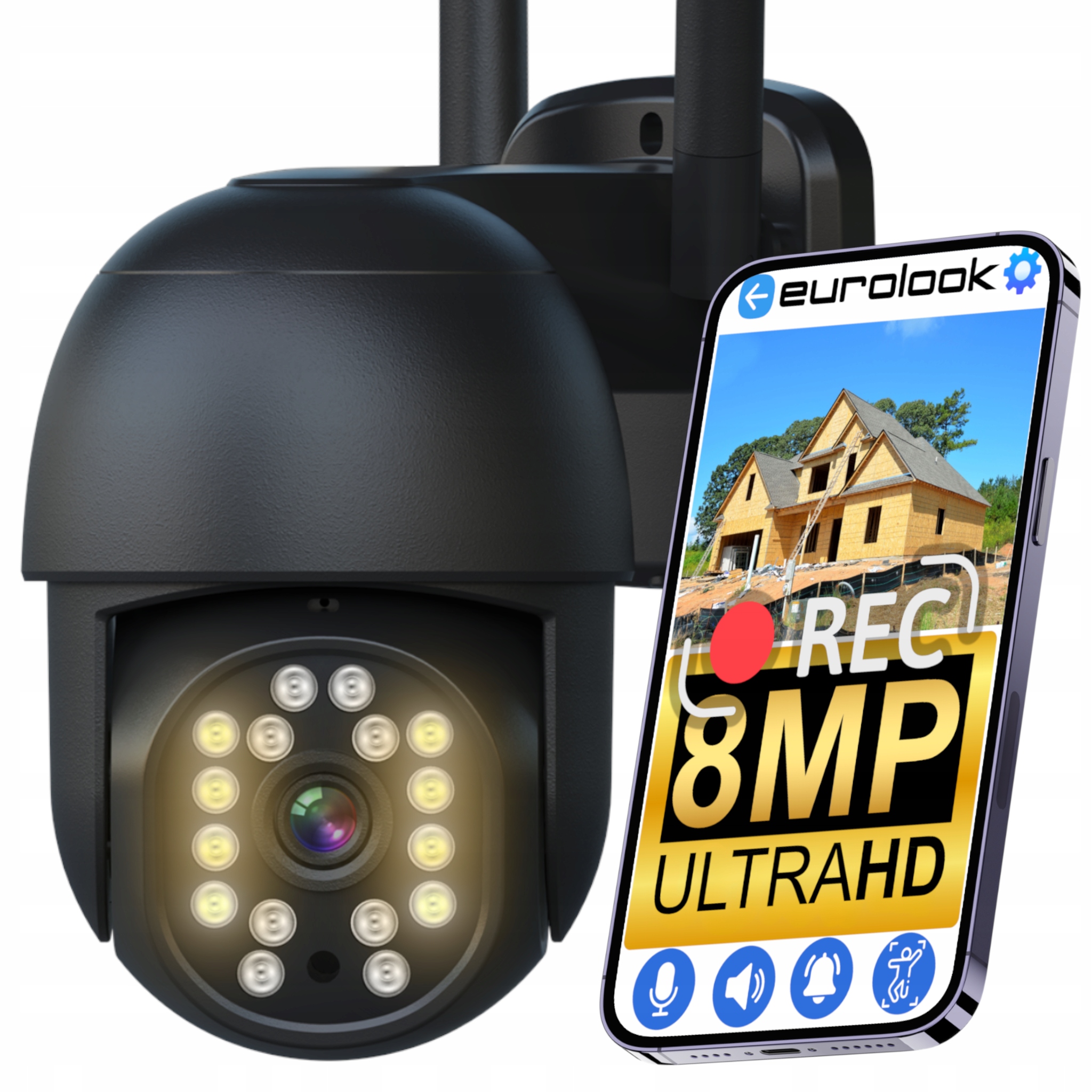 Venkovní Otočná Wifi Kamera 4K Ultra Hd 8MPX 8MP Eurolook Audio Černá