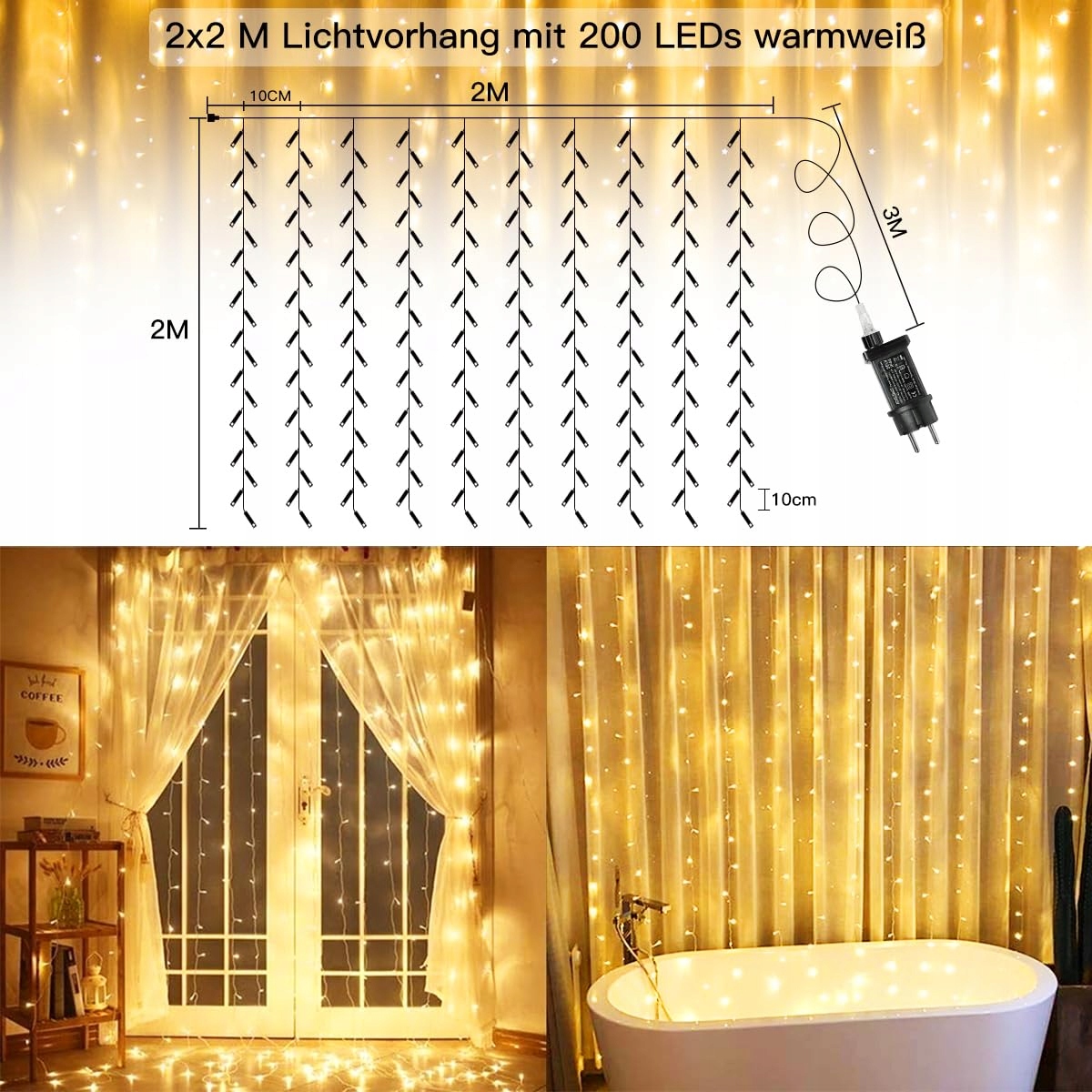 OLLNY Kurtyna LED 2x2m 200 LED Ciepłe Światło 8 Trybów Timer Dimmable — miniatura 3