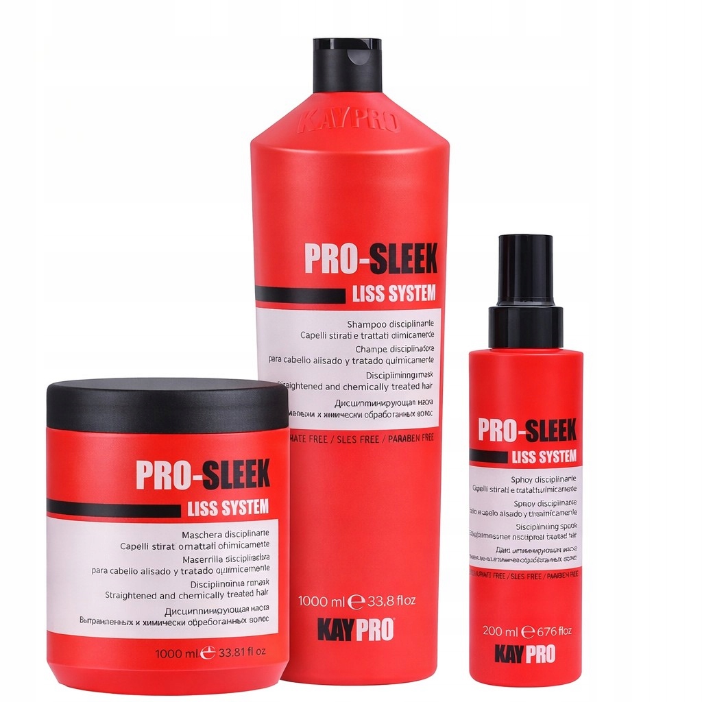 Zestaw do włosów prostowanych: szampon, maska i spray KayPro Pro Sleek Liss