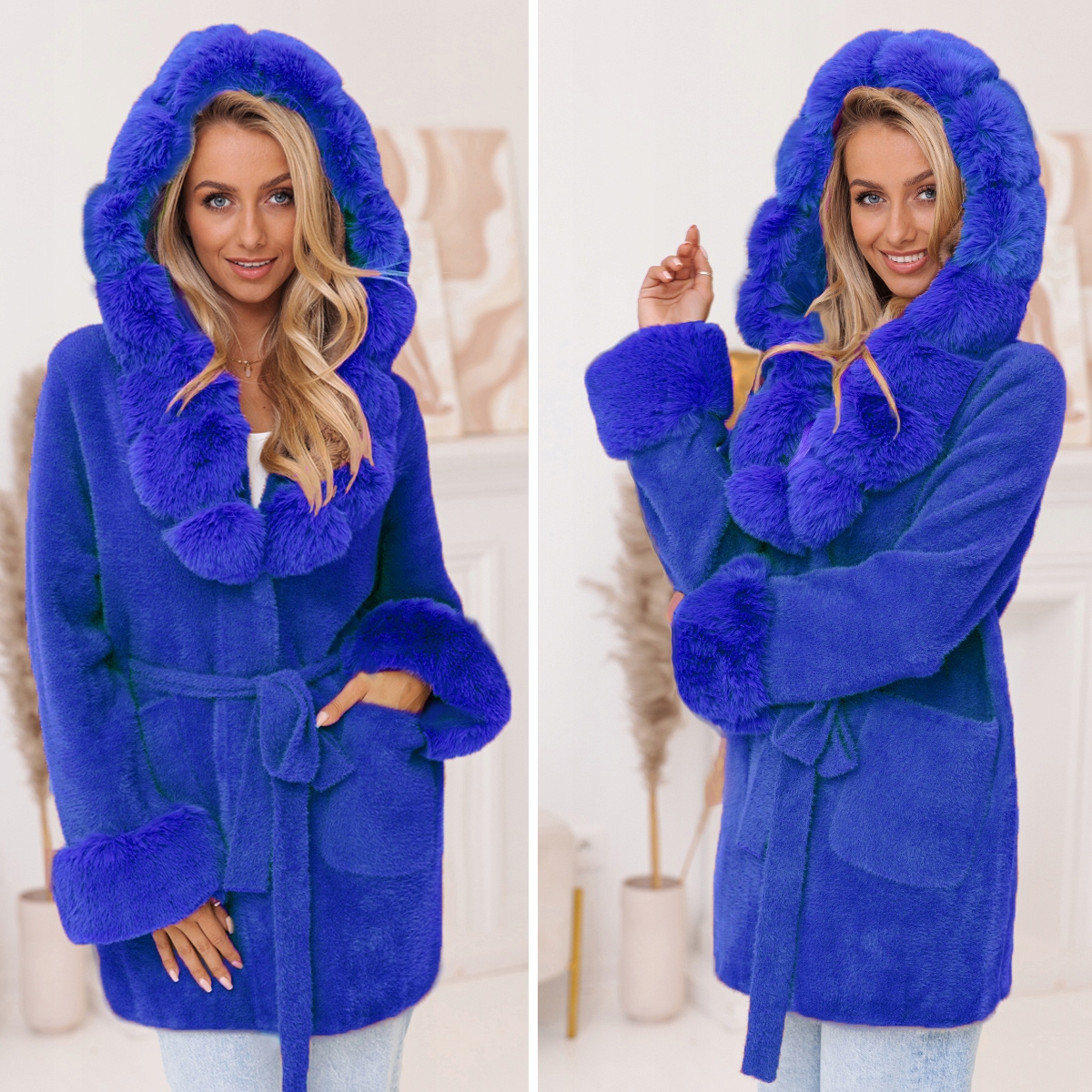 MIĘCIUTKA ALPAKA Z FUTERKIEM KURTKA Z PASKIEM Długość do kolan