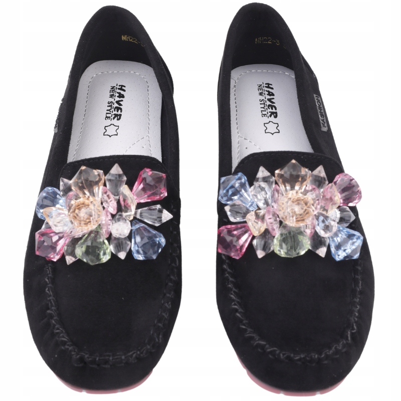 Czarne Mokasyny Damskie Zamszowe Półbuty Wsuwane Wkł. Ekoskóra