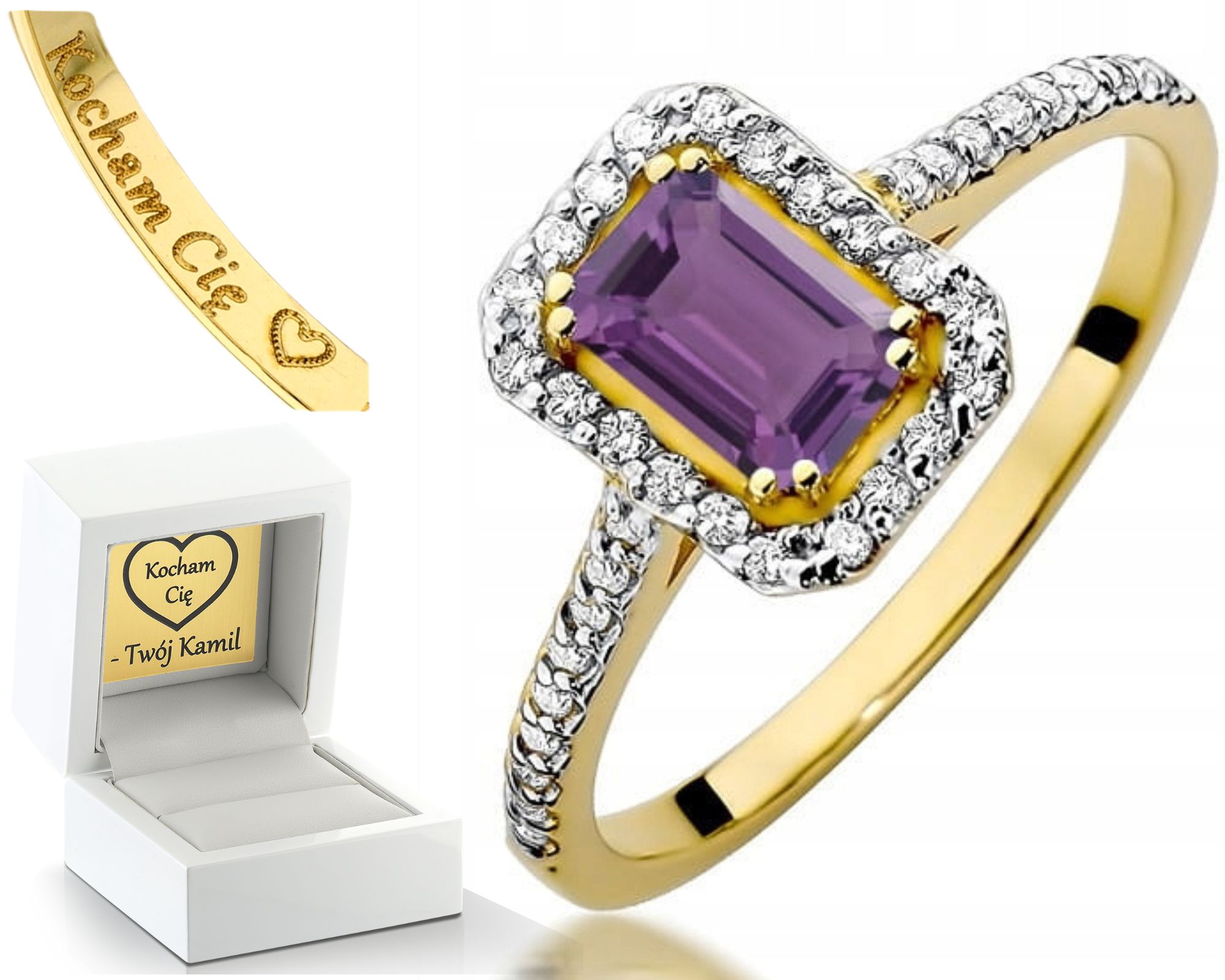 Zásnubní Prstýnek Ametyst Diamanty Žluté Zlato Gravírování 585 Bonus
