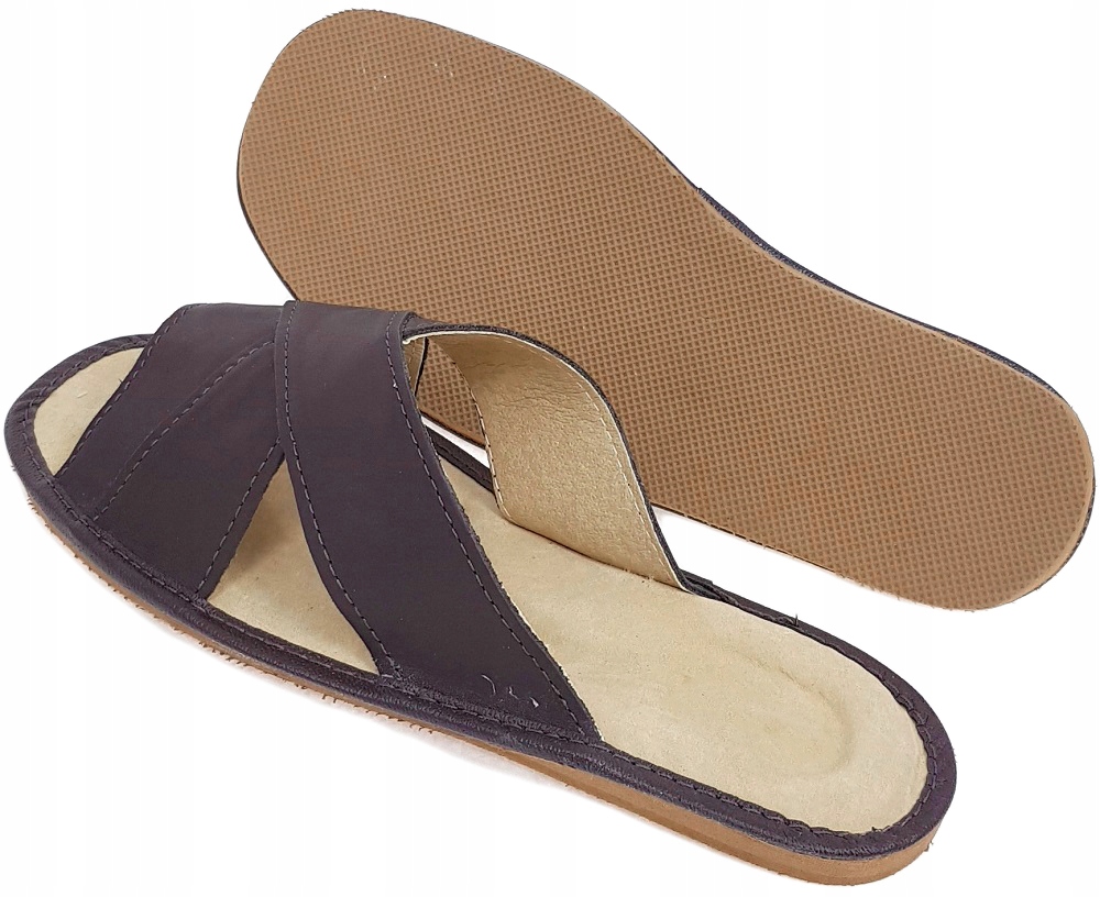 Odkryte Pantofle Męskie Kapcie Domowe Skóra *41* Model natural#