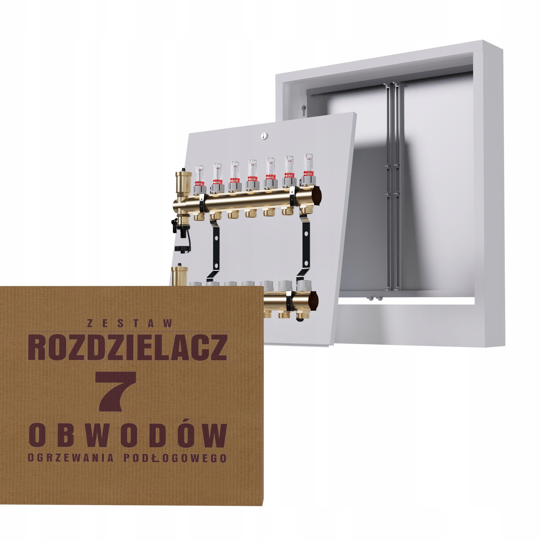 Rozdělovač na podlahu mosazný 7-okruhový a nástěnná skříňka bílá