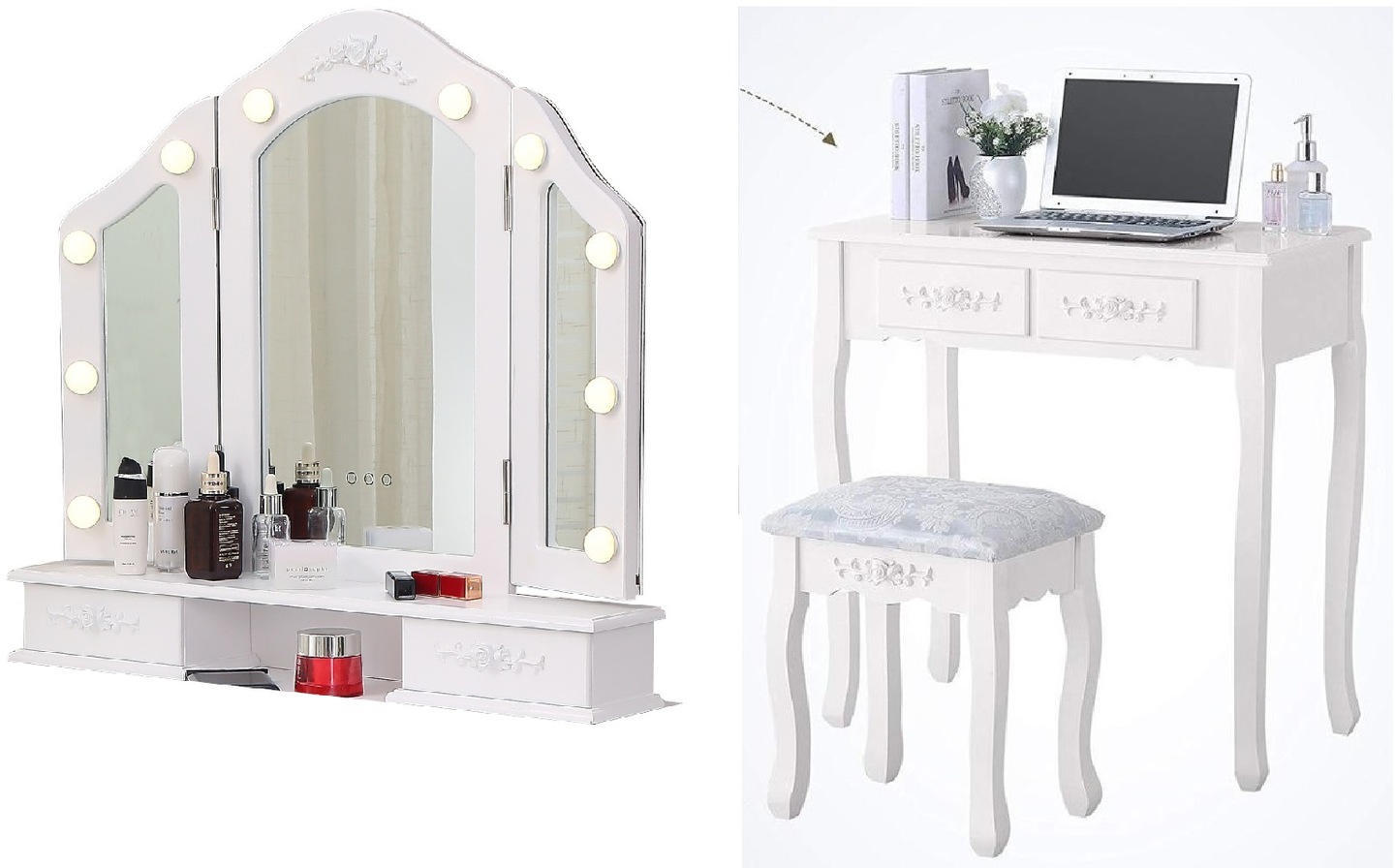 Toaletka 10LED z lustrem kosmetyczna do makijażu taboret TL14 biała