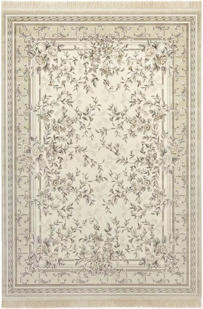 Koberec 95x140 do obývacího pokoje, tradiční klasický béžovo krémový vzor s třásněmi