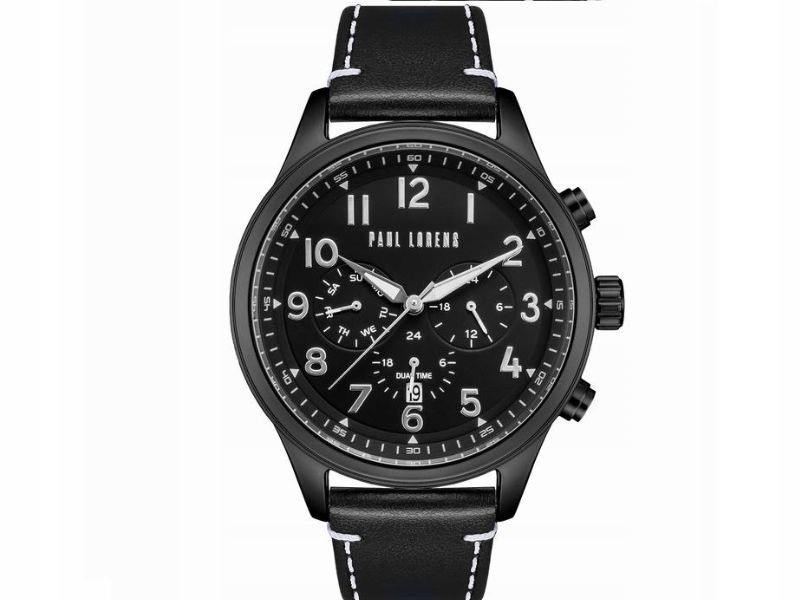 Černé hodinky s černým koženým řemínkem a bílou nití, ocelové pouzdro