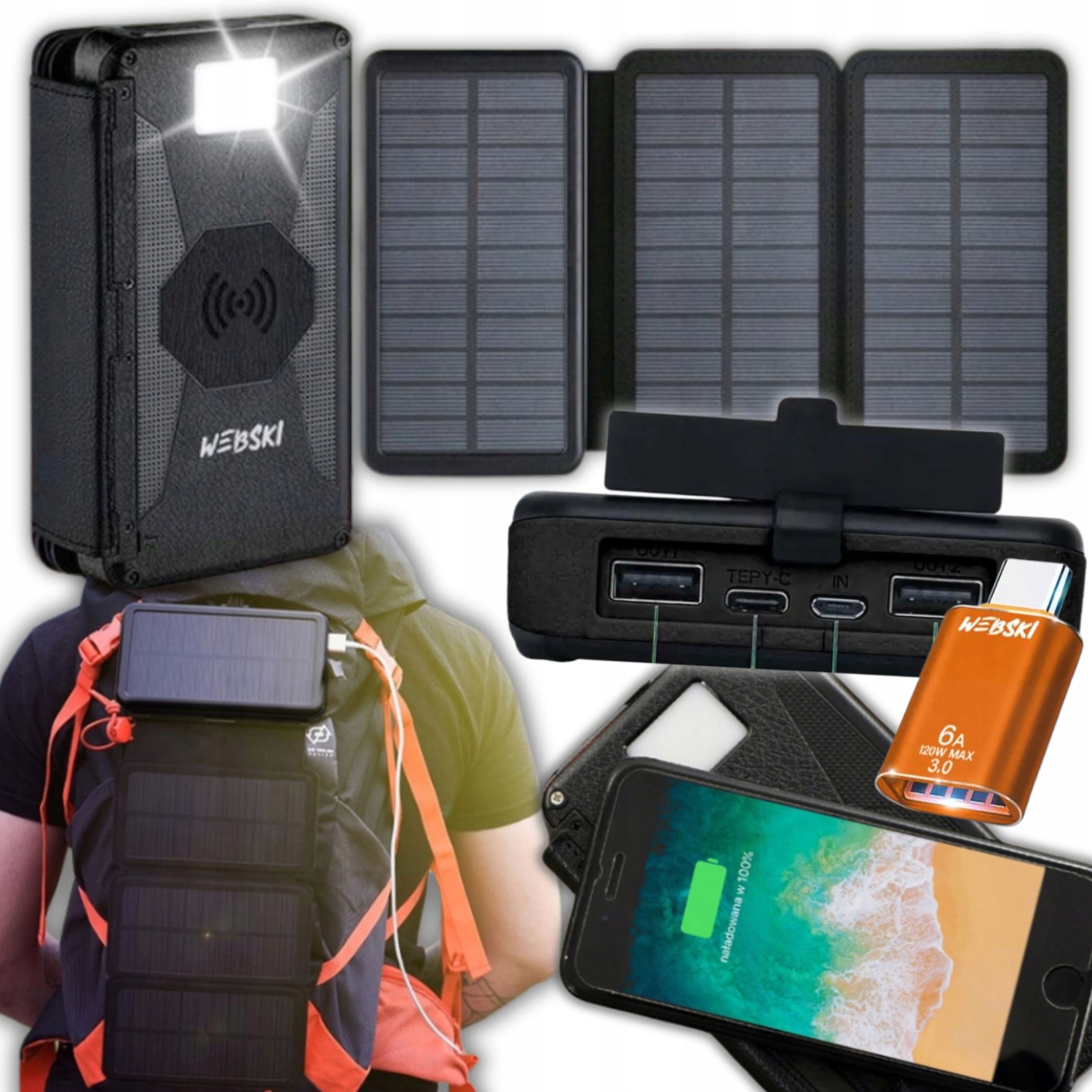 Silny Powerbank Solarny 16000mAh Ładowarka Indukcyjna 3 Panele Słoneczne