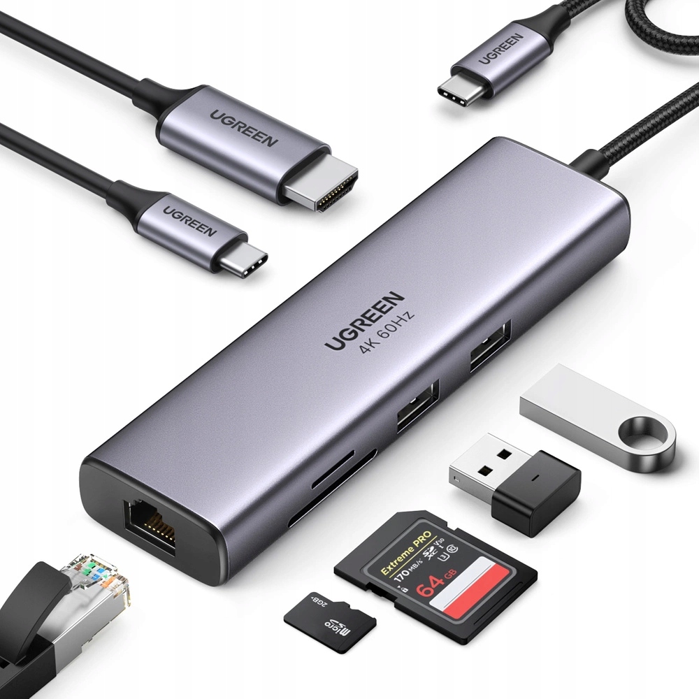 Hub 7v1 Ugreen CM512 Usb-c 2x Usb-a 3.2 Hdmi 4K čtečka Sd Tf Usb-c