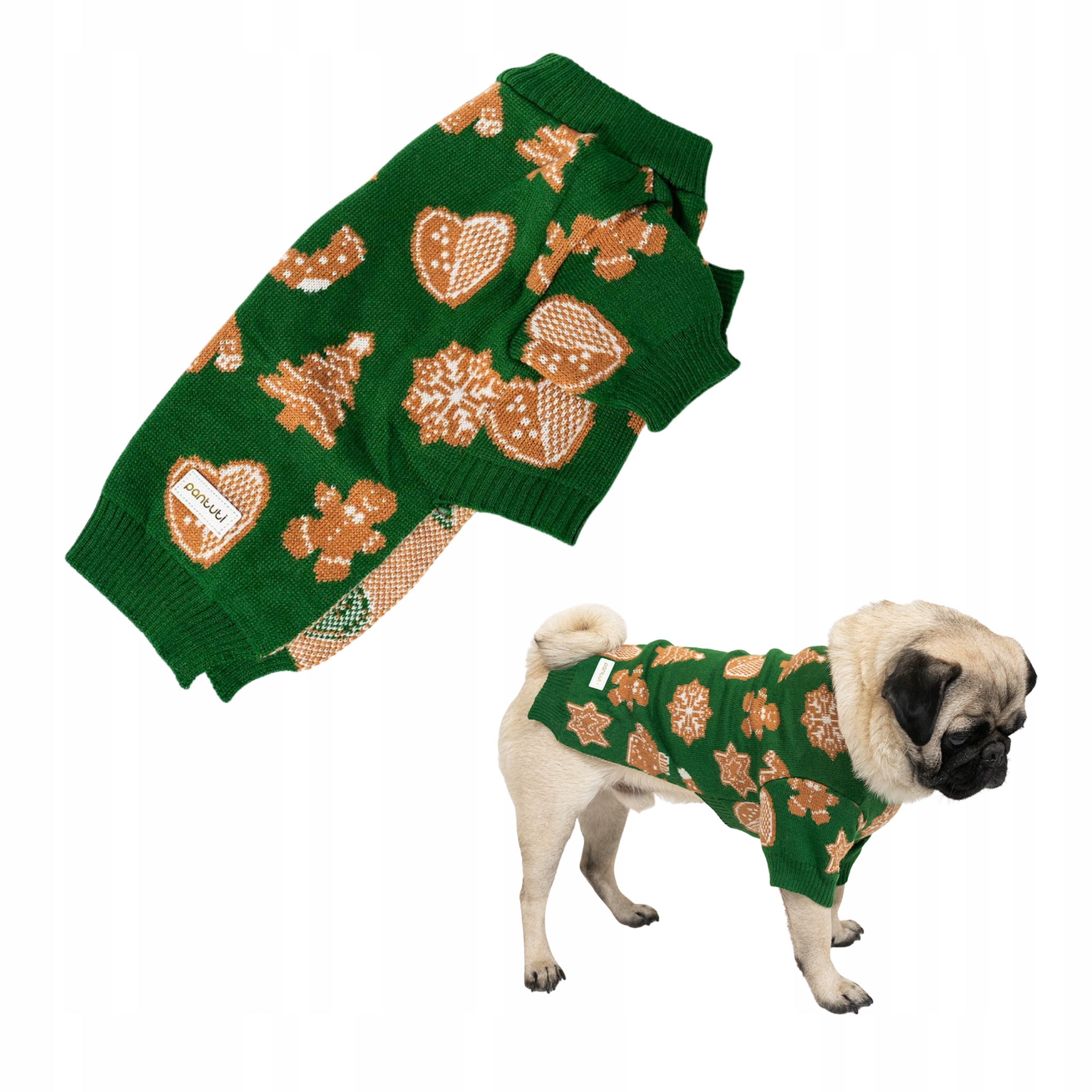 Levně Teplý elastický vánoční svetr pro psa, zelený, s perníky Oli L