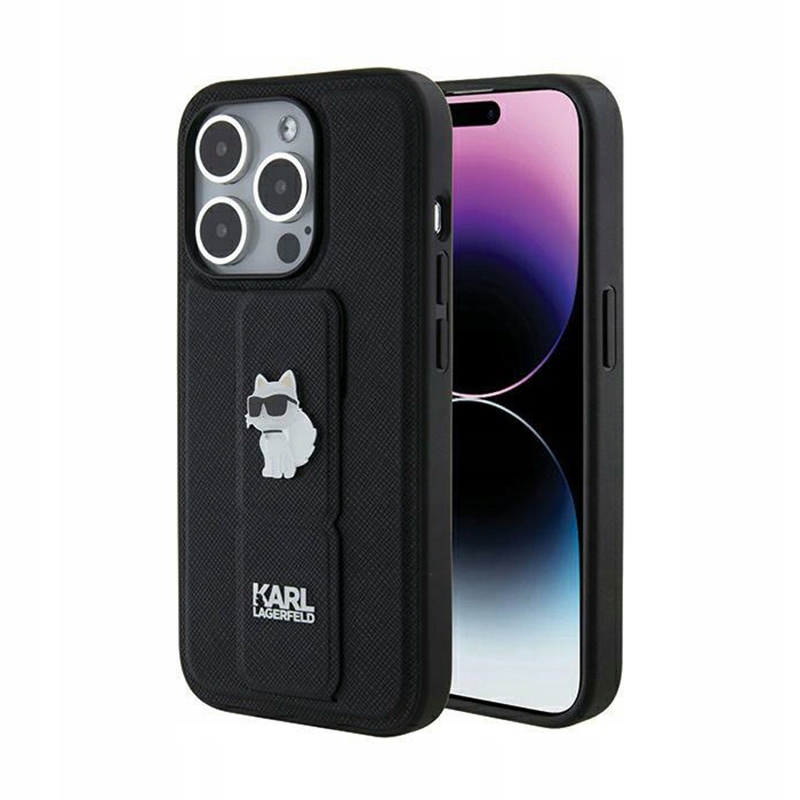 Karl Lagerfeld Gripstand Saffiano Choupette Pins Pouzdro pro iPhone 14 Pro (černé)
