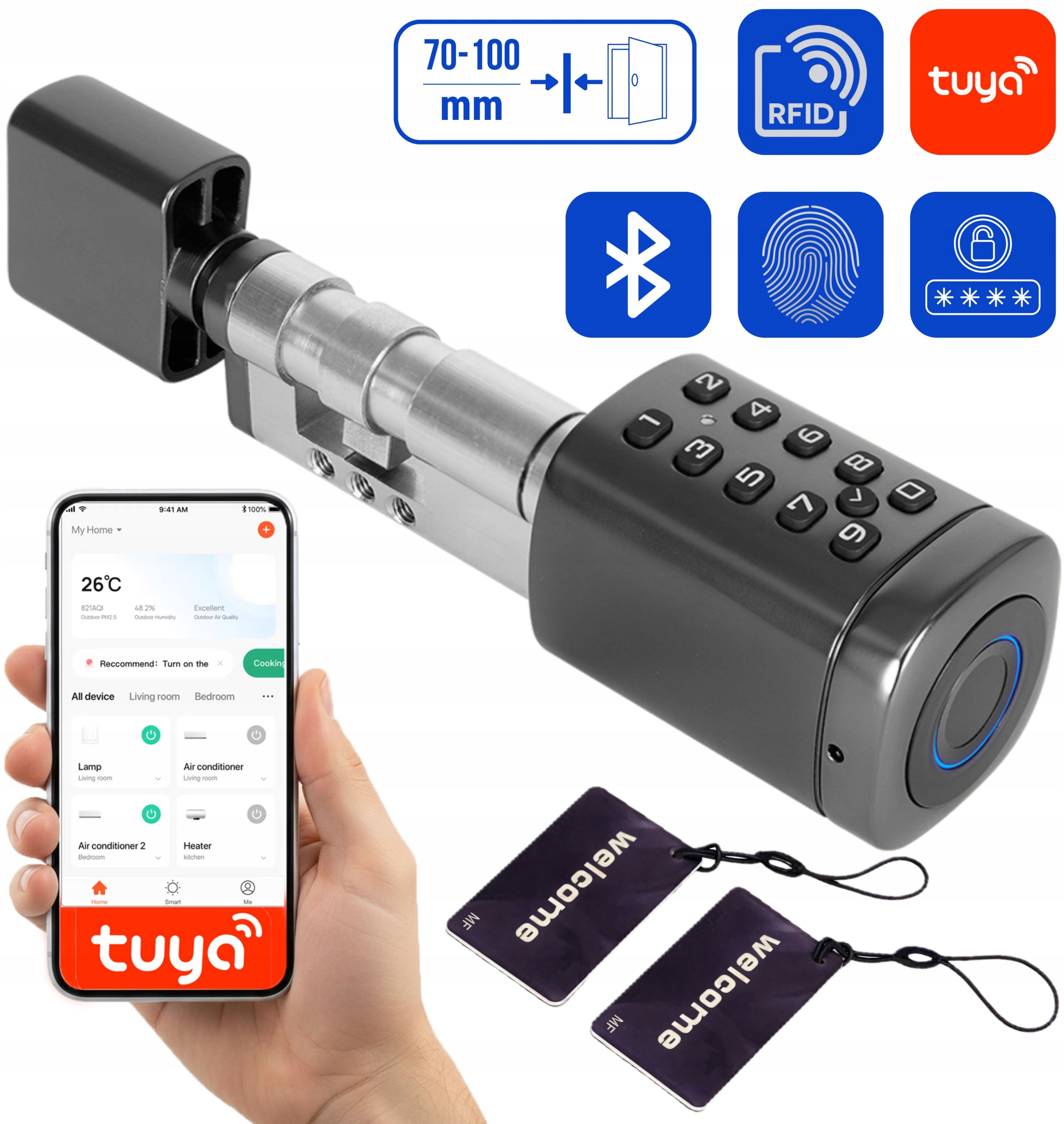 Inteligentní elektronický dveřní zámek 70-100 mm Tuya Rfid Bluetooth App