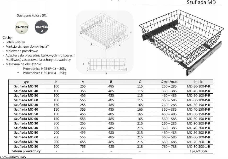 SZUFLADA druciana 40/H-150 BIAŁA bez prowadnicy Kod producenta SH40/150