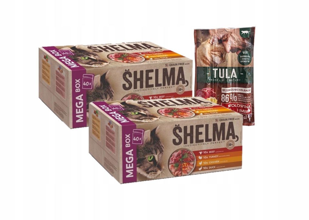 Levně Krmivo mokré Shelma sáčky mix chutí omáčka megabox 40 ks x 85 g +dárek