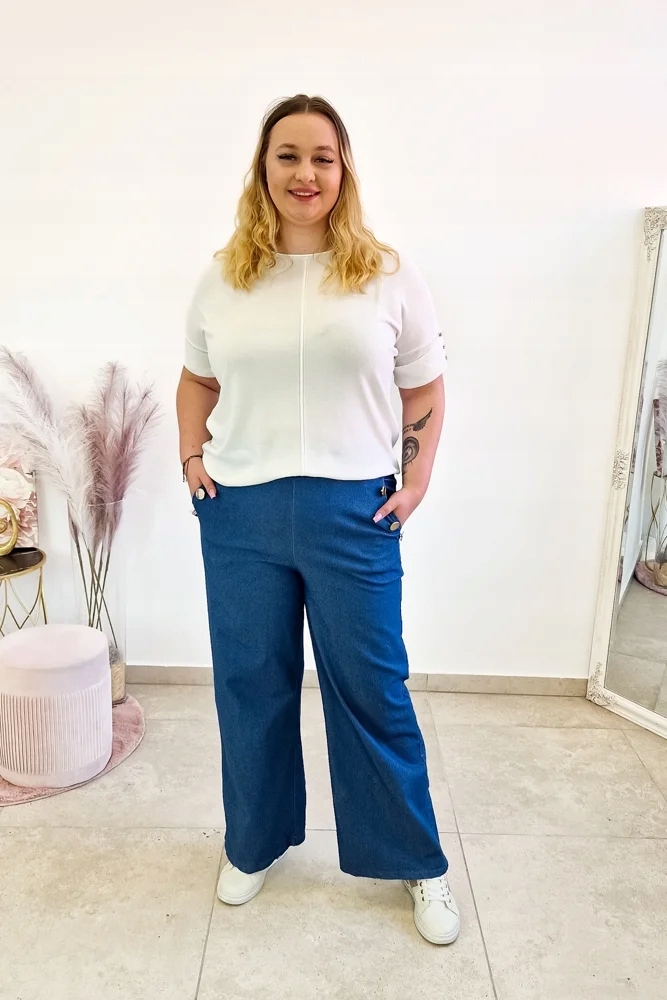 Modré dámské kalhoty s širokými nohavicemi a knoflíky Uni