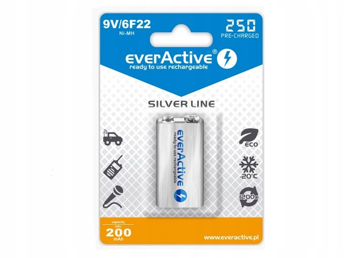 

Akumulatorek Ni-MH 6F22 9V 250mAh everActive Mocny