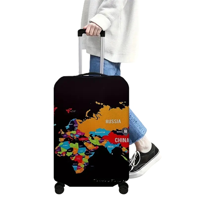 Pokrowiec Ochronny na Walizkę – Czarny z Motywem Mapy, Rozmiar L, 60 L
