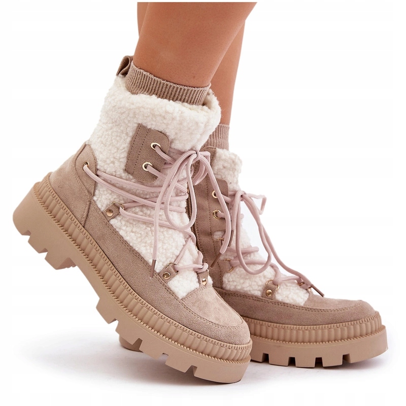 Dámské Kotníkové Boty Eko Semišové S Kožíškem Typu Beránek Béžové 40