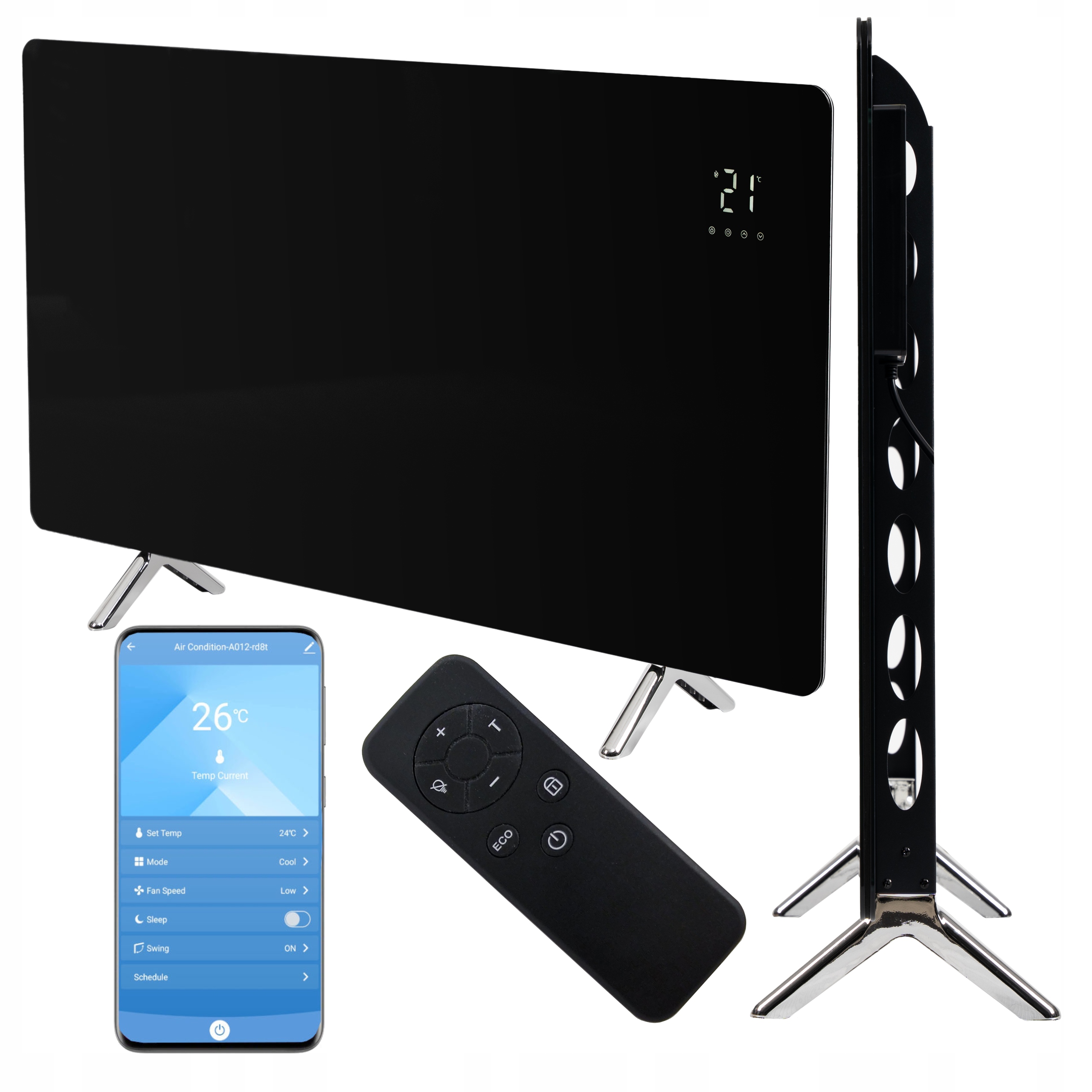 Grzejnik na Podczerwień 720W Promiennik Podczerwieni Czarń Szkło WiFi Panel