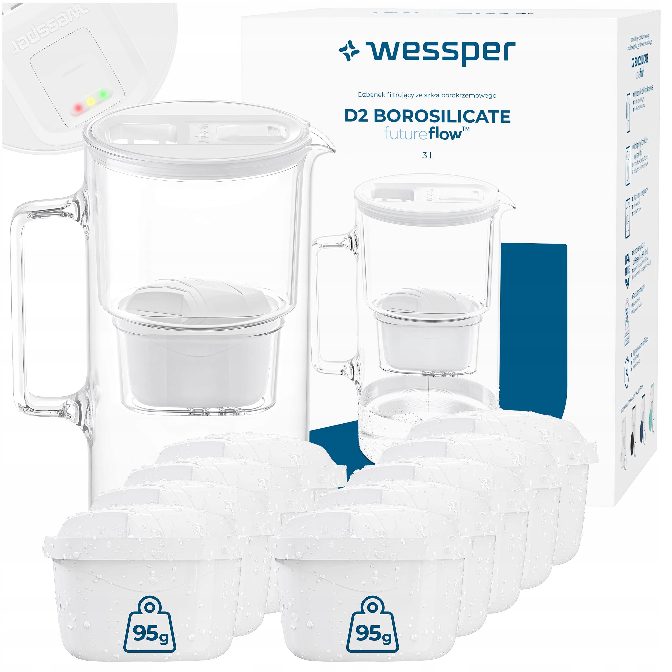 Skleněná filtrační konvice Wessper D2 Borosilicate futureflow 3 l 10 filtrů