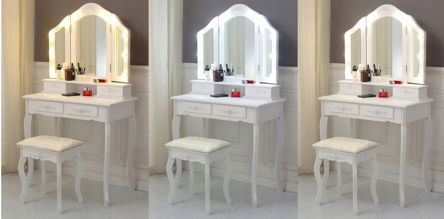 Toaletka 10LED z lustrem kosmetyczna do makijażu taboret TL14 biała