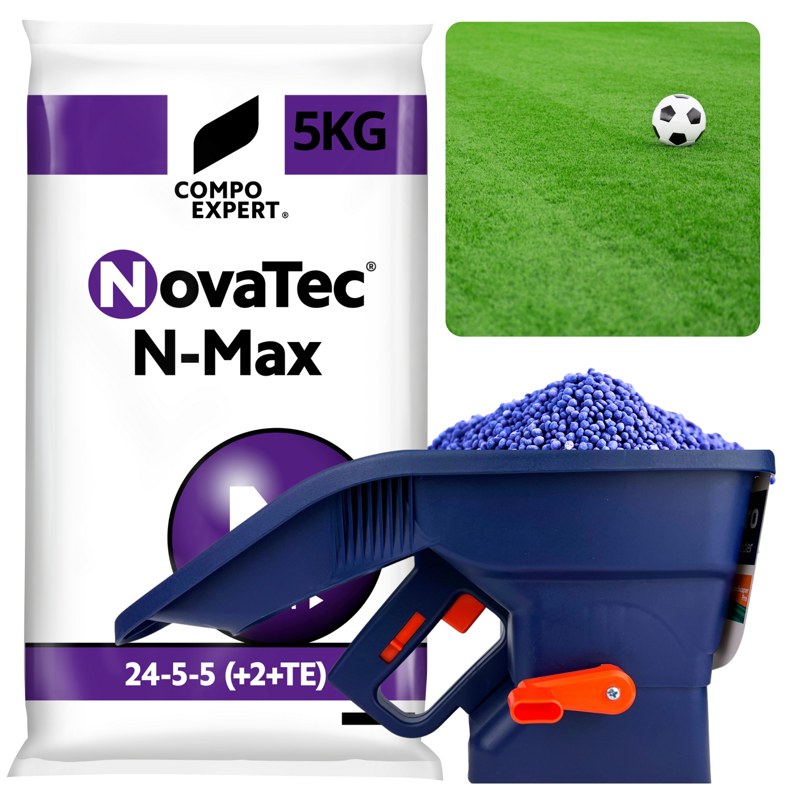 Nawóz Compo NovaTec N-Max 24-5-5 5KG +siewnik Handy Pro Zestaw Do Trawnika