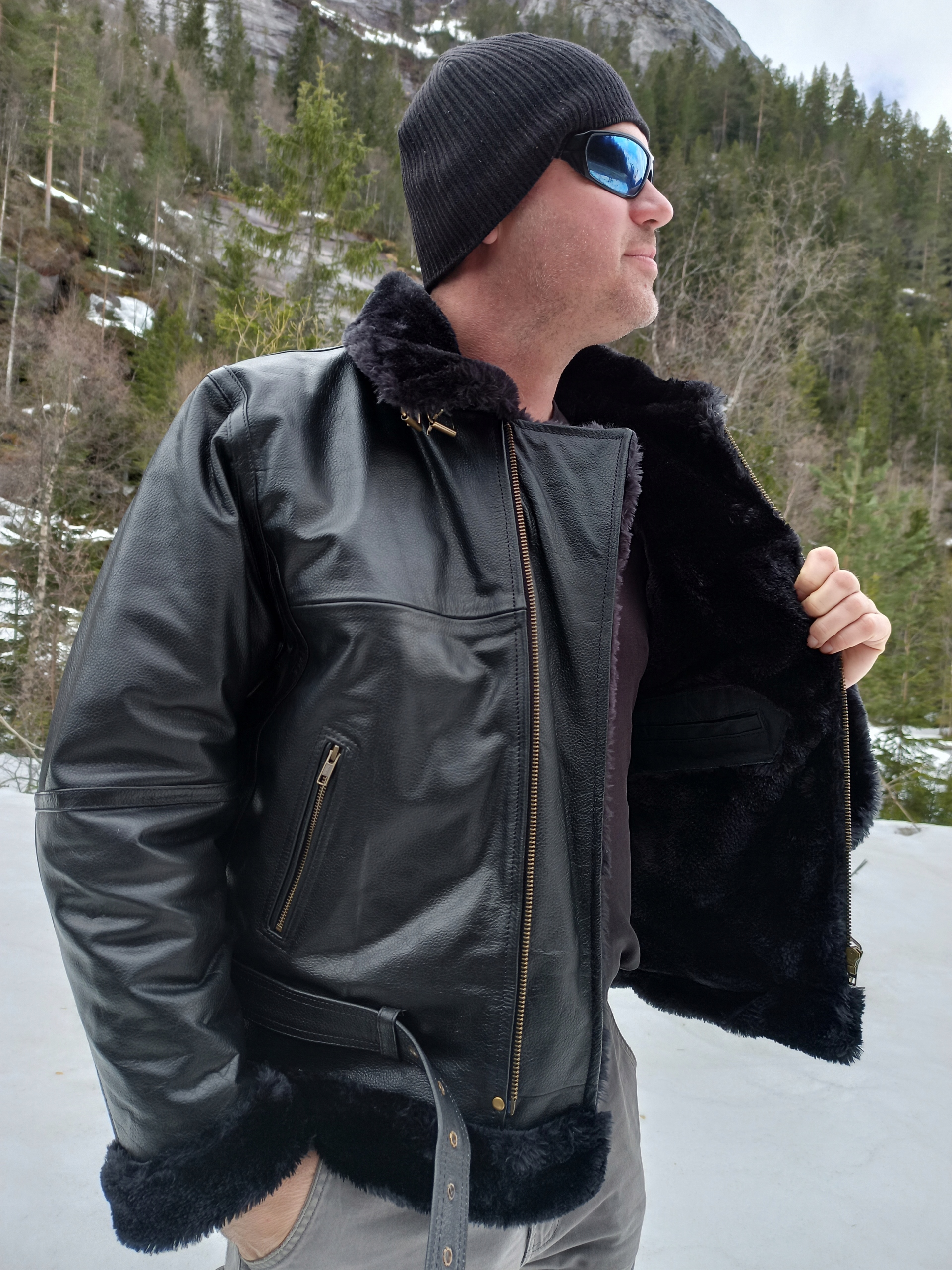 Pánská kožená pilotka Zimní bunda teplá Černý kožíšek Elegantní L