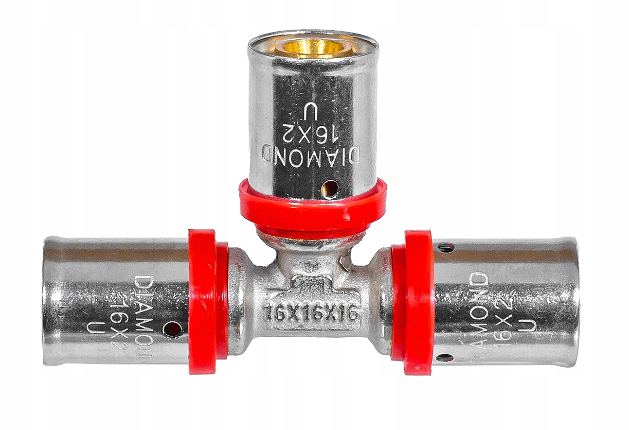 TRÓJNIK RÓWNOPRZELOTOWY ZAPRASOWYWANY PEX ALUPEX 16x16x16 MOSIĄDZ DIAMOND Stan opakowania oryginalne