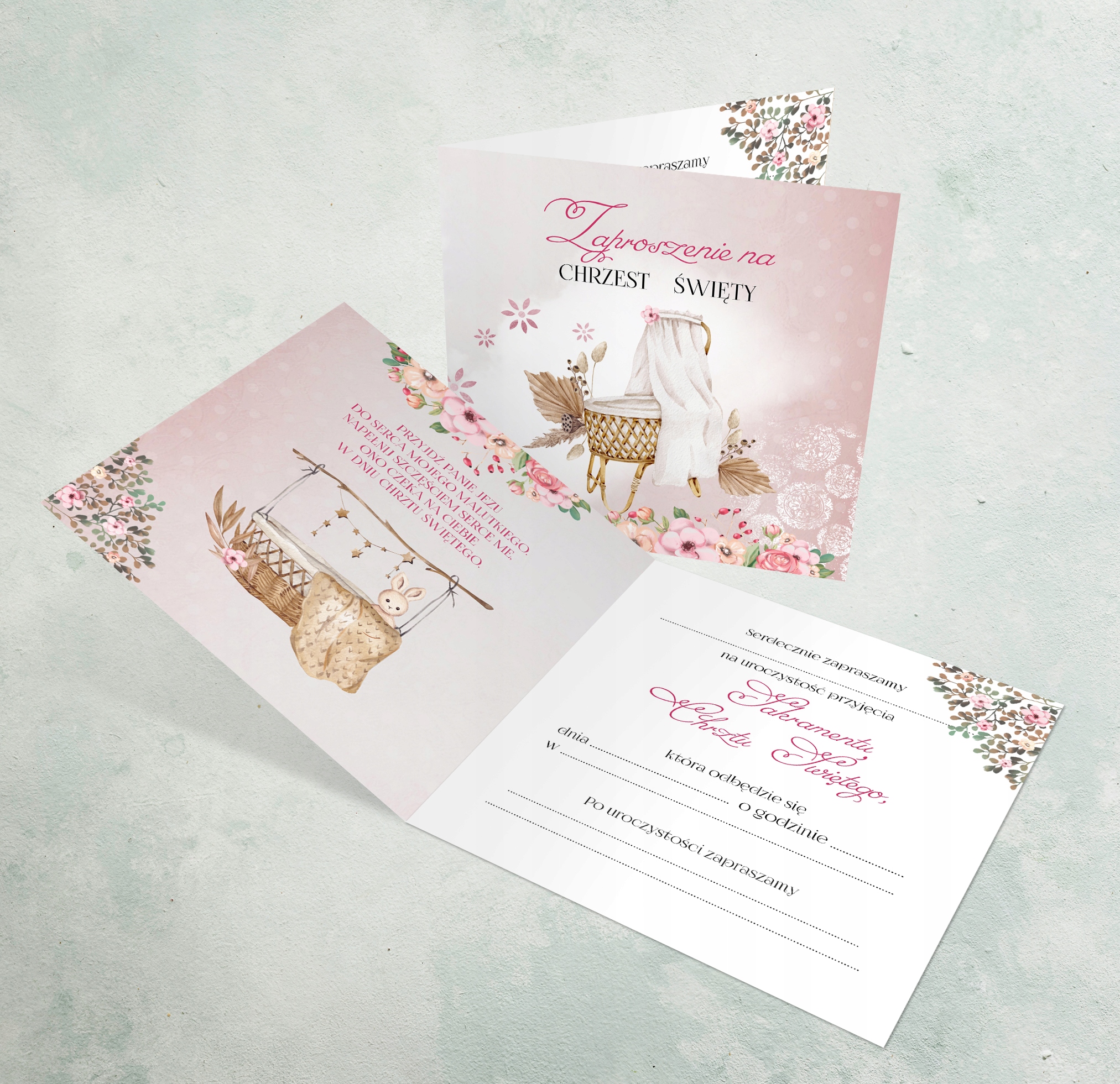 ZAPROSZENIA na chrzest z kopertą PAPIER PERŁOWY Wysokość produktu 14 cm