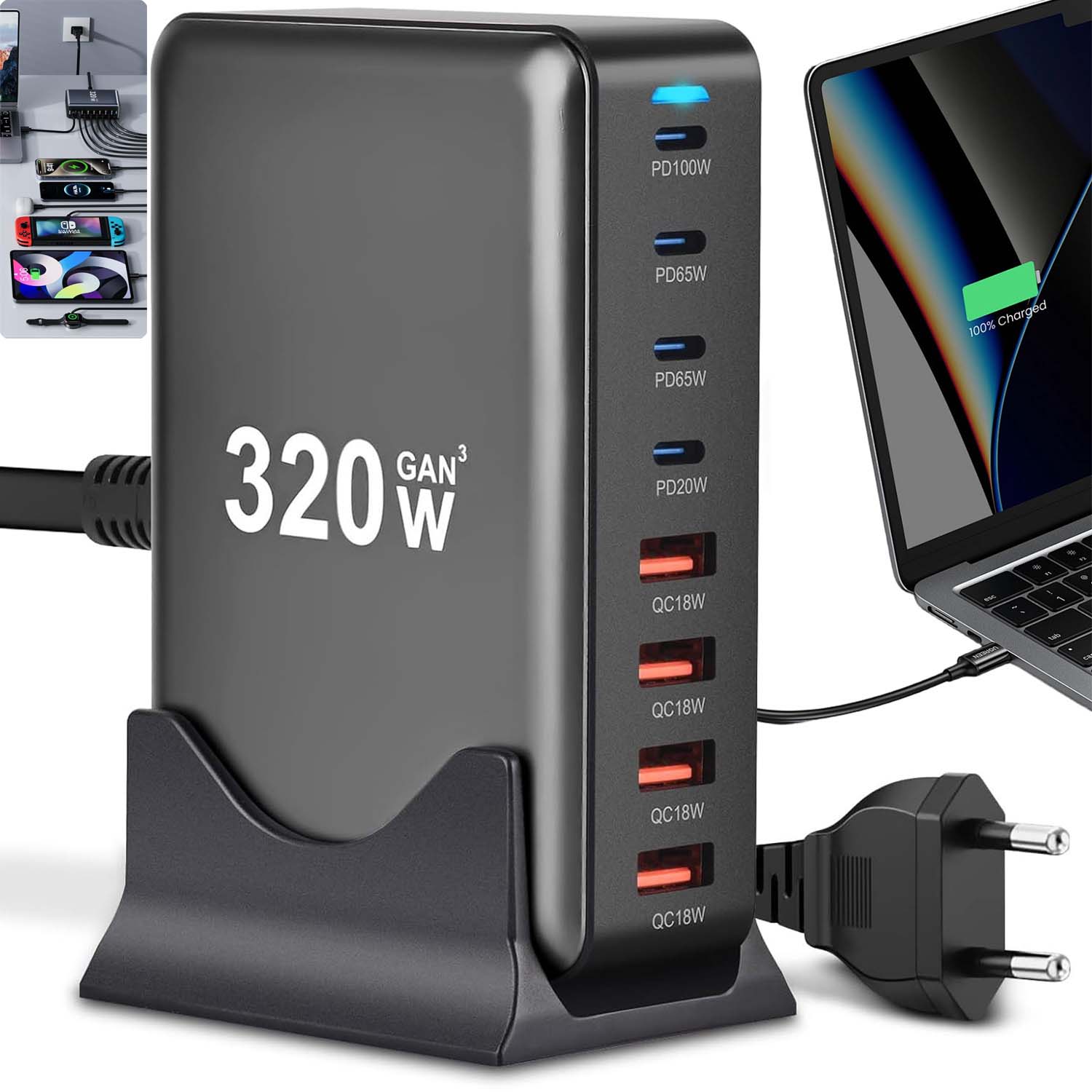 Rychlá Síťová Nabíječka S 8 Usb Porty Pro Tablety, Notebooky S Podstavcem
