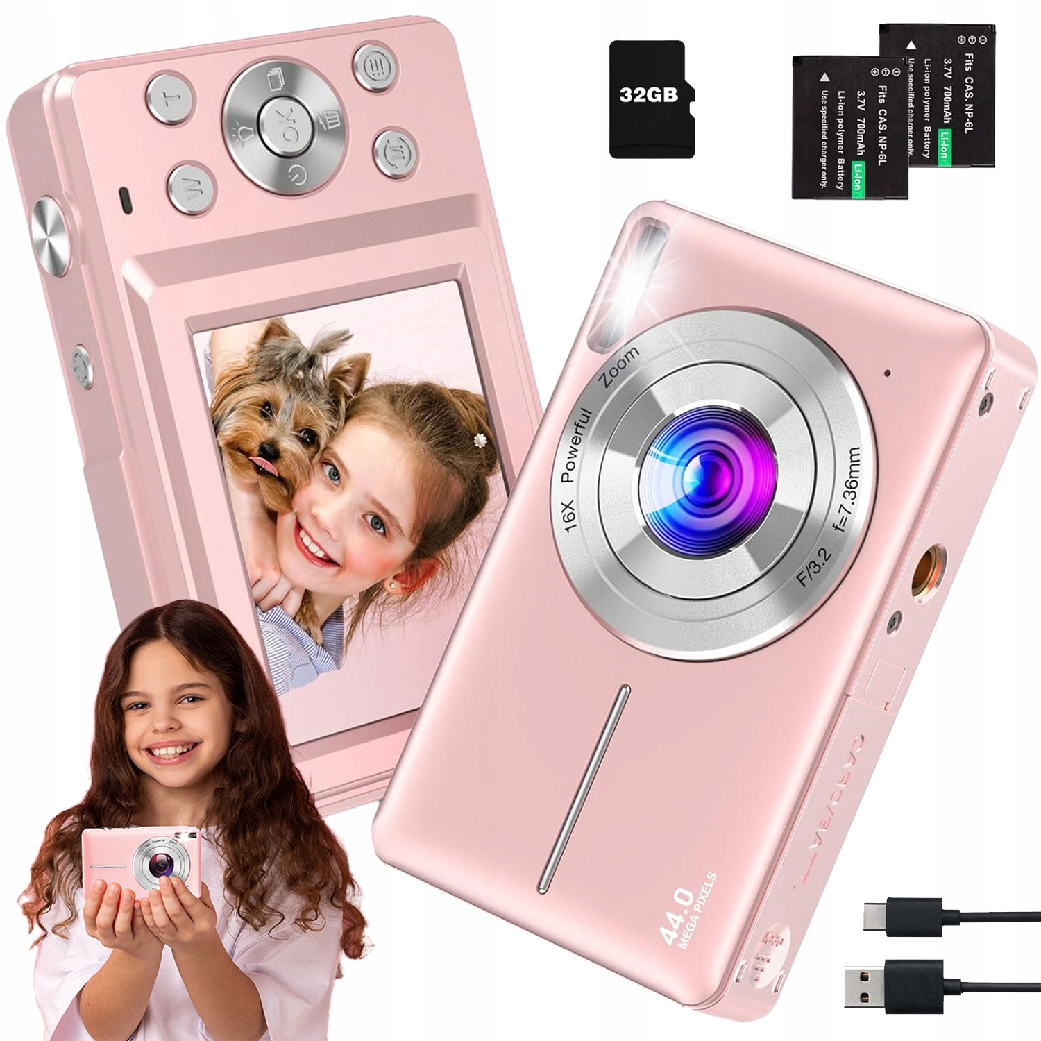 Digitální Fotoaparát Hd 1080P 44MP 32GB S 16NÁSOBNÝM Zoomem, Růžový