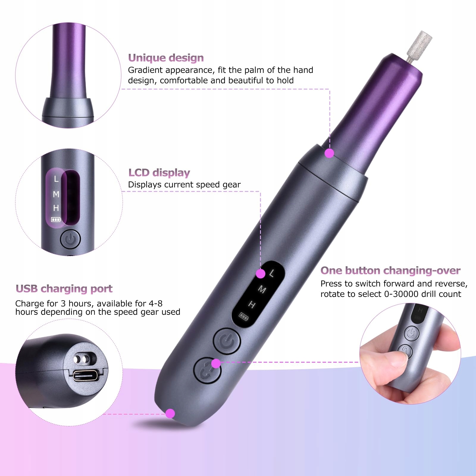 EVILTO Bezprzewodowa Frezarka Do Paznokci Zestaw Manicure Pedicure — miniatura 3