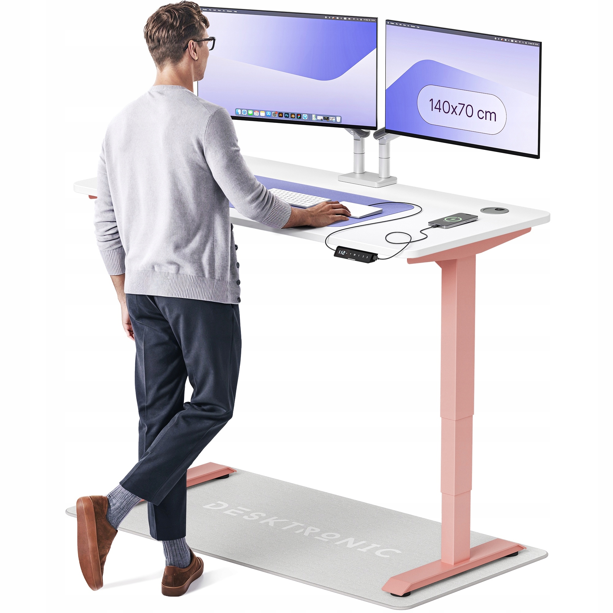 Biurko z elektryczną regulacją wysokości HomePro 140x70 cm Różowy/Biały