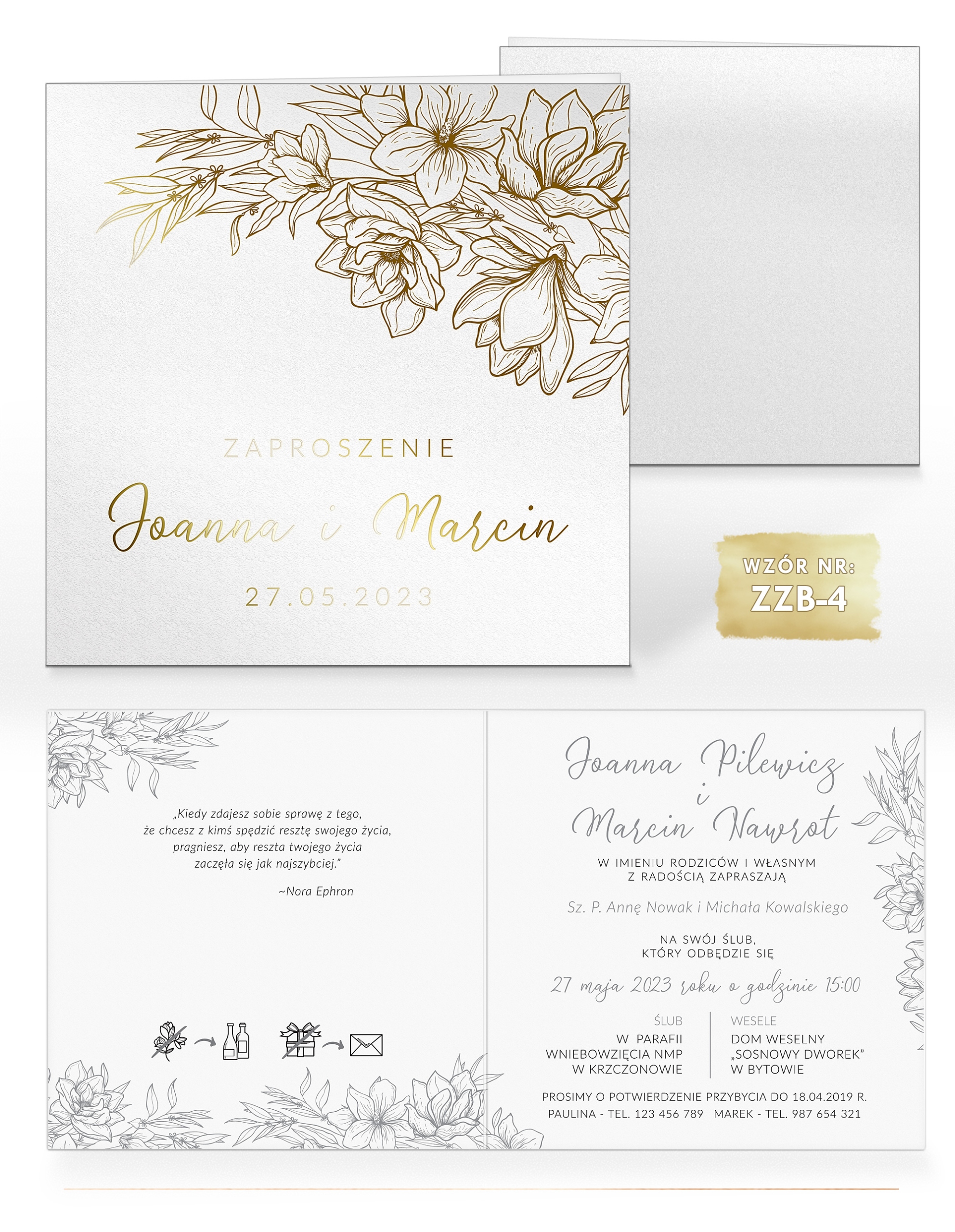 Zaproszenia Ślubne MINIMALISTYCZNE - ZŁOCONE + KOPERTA - PAPIER 350- PRÓBKI Nazwa ZZB - 2