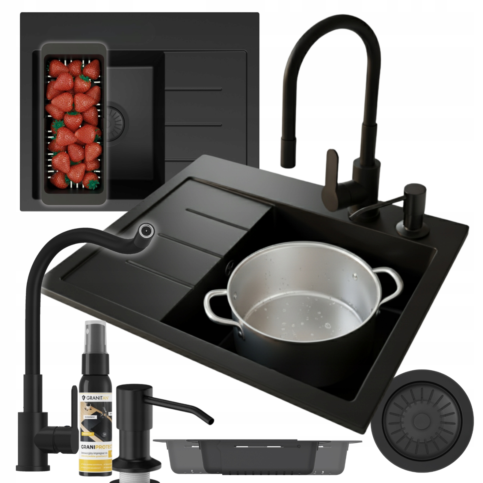 Granitový drez Amber pravý s odkvapkávačom Set umývadlo batéria sifón dozo