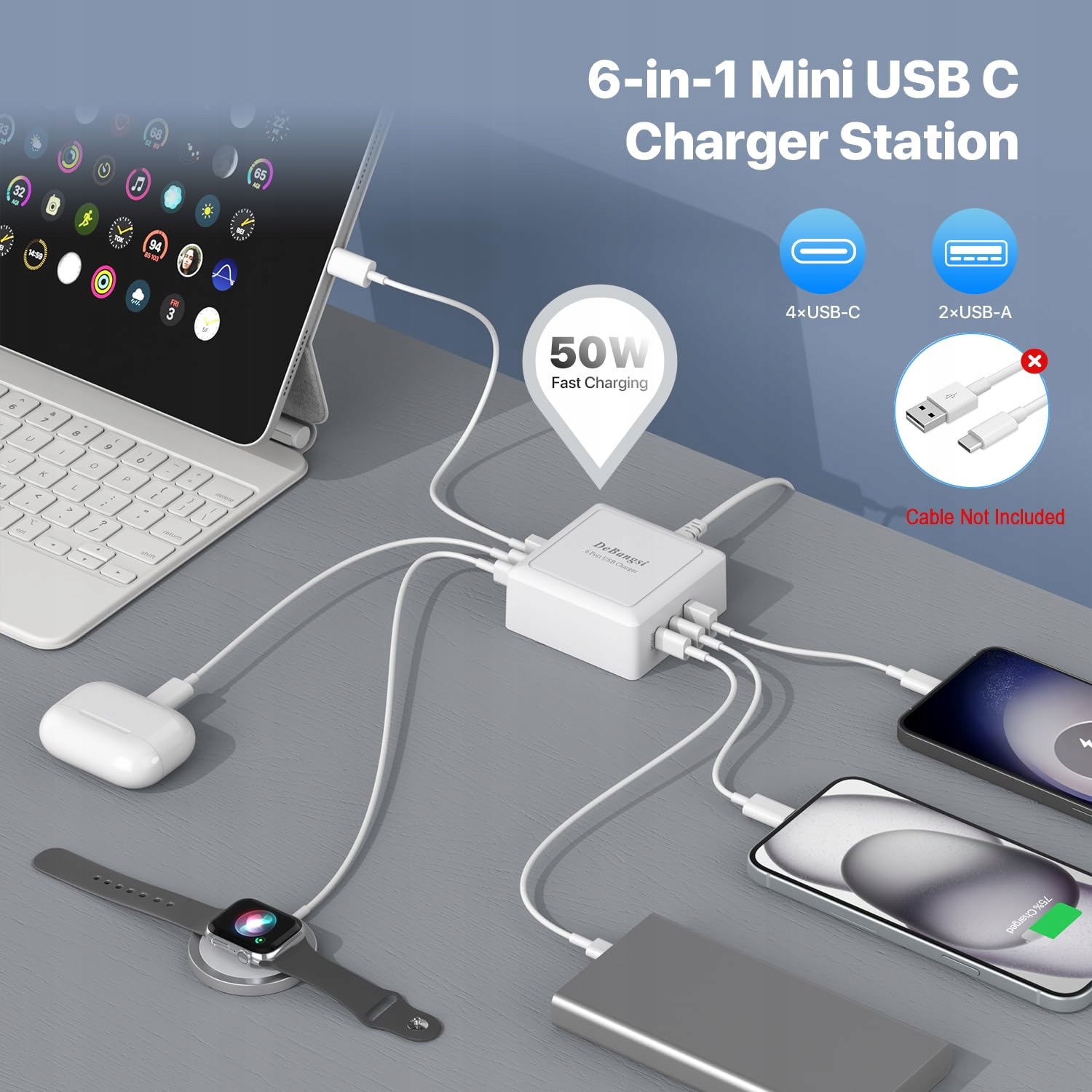 HONGYEE Ładowarka USB C 50W 6-Port Szybkie Ładowanie iPhone Android — miniatura 6
