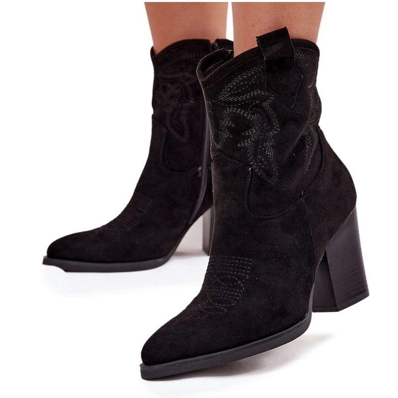 Kotníkové Boty Kovbojské Boty Eko Semiš Podpatek Sloupek Špičaté Špičky Prošívání Černé 40