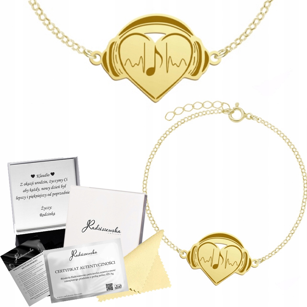 Zlatý Náramek Sluchátka Srdce Dárek Ankr Stříbro 925 Gravírování Bonus