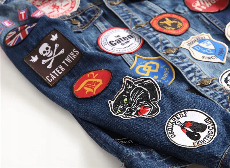 Men Denim Jacket Vintage Badge Patches Coat Long S Linia regular