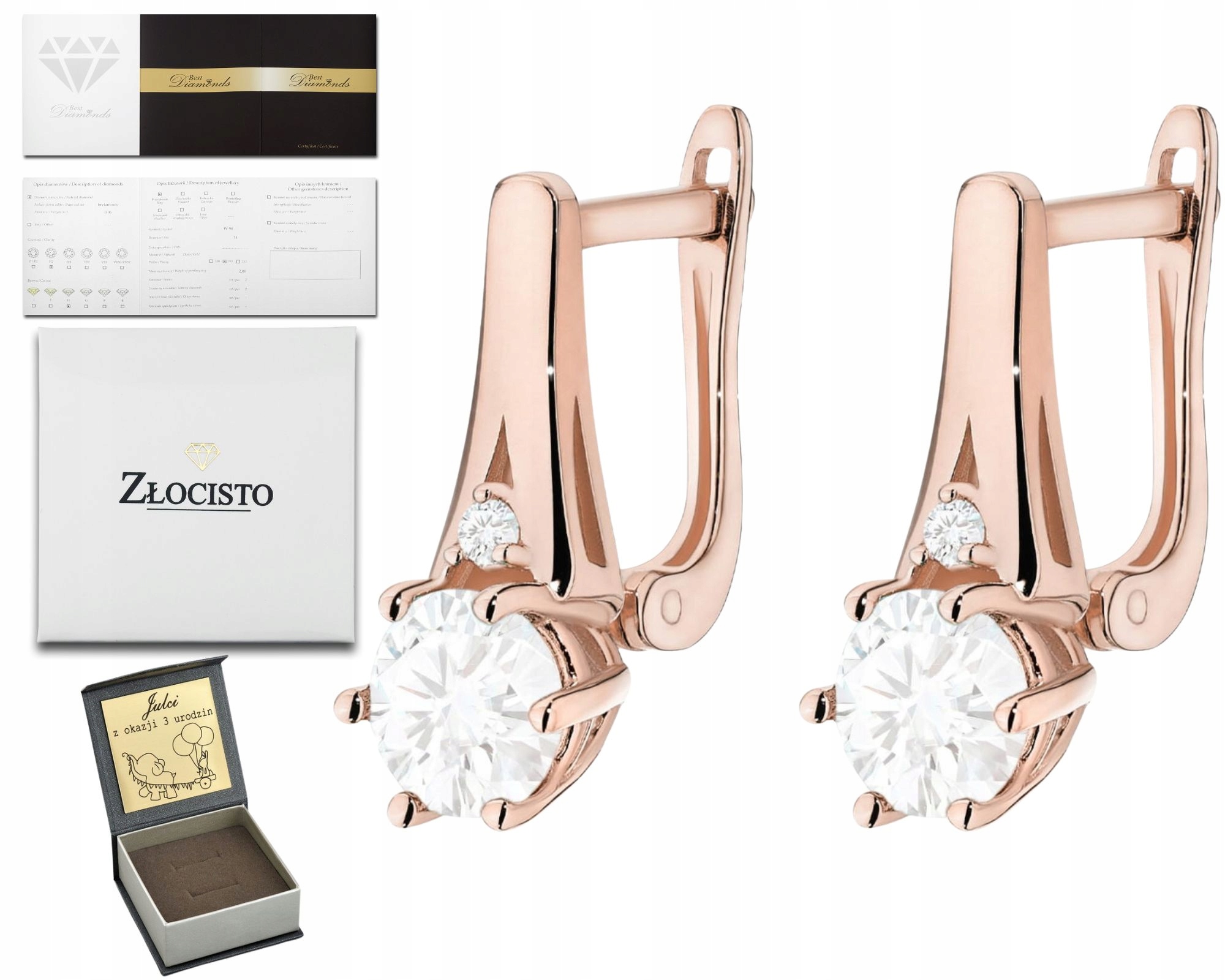 Růžové Zlato Náušnice Bílé Safíry Anglické Diamanty Zapínání Zlato 585