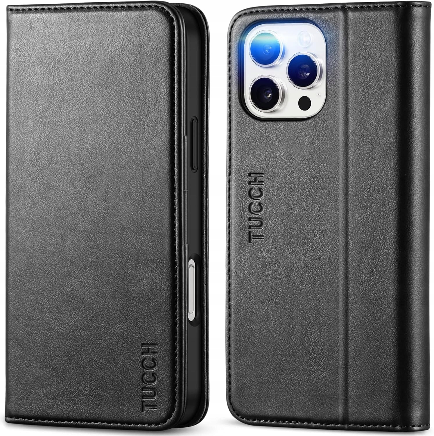 Tucch etui skórzane z klapką do iPhone 16 Pro portfel Rfid stojak czarne
