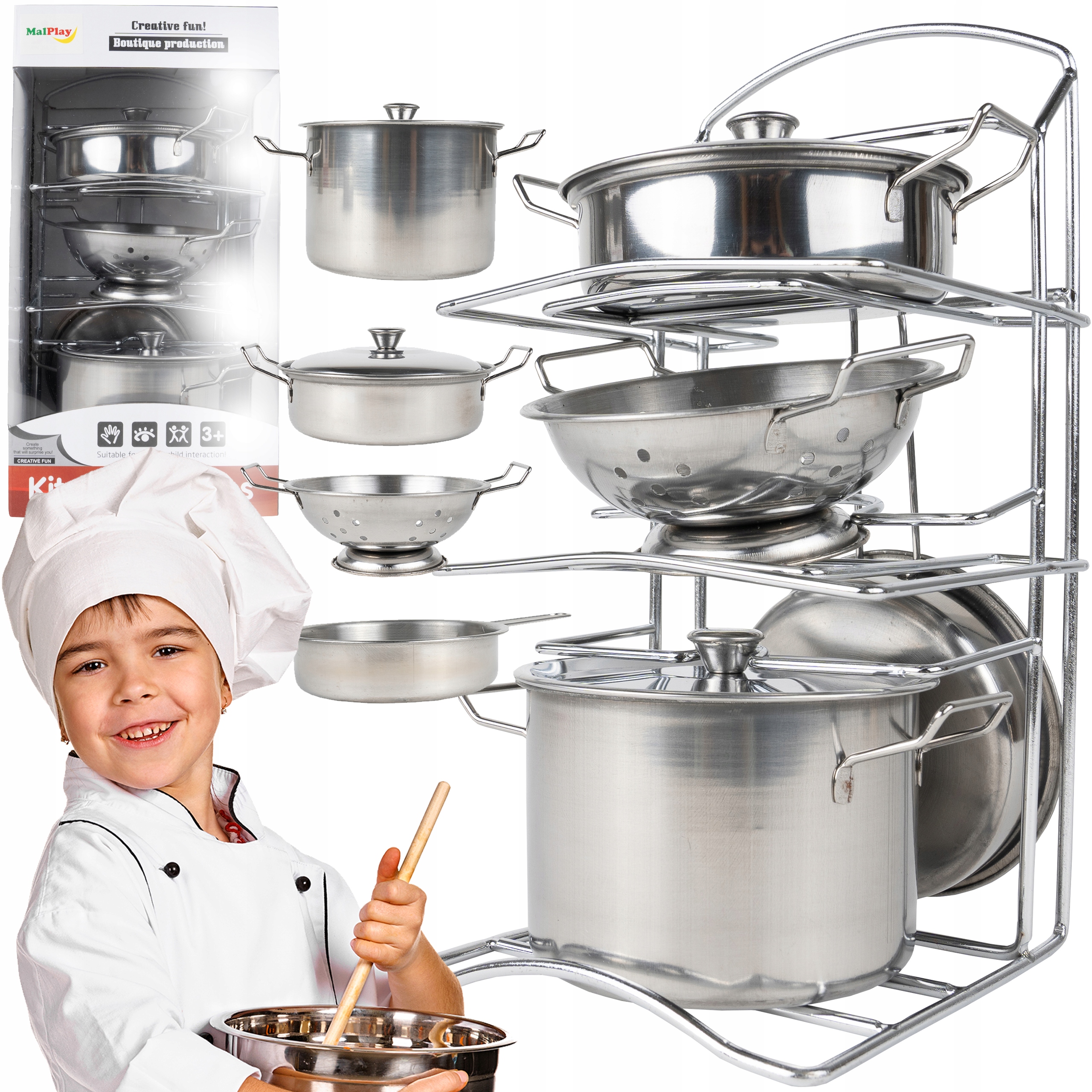 METALOWE GARNKI ZESTAW DO ZABAWY STOJAK AKCESORIA