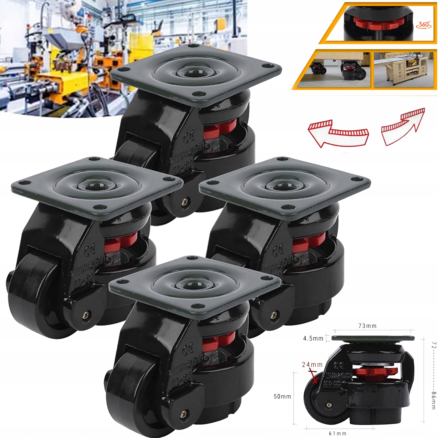 Vyrovnávací Kolečka Sada Nosnost 1000 Kg 360° Otočná, Nastavitelná Heavy Duty