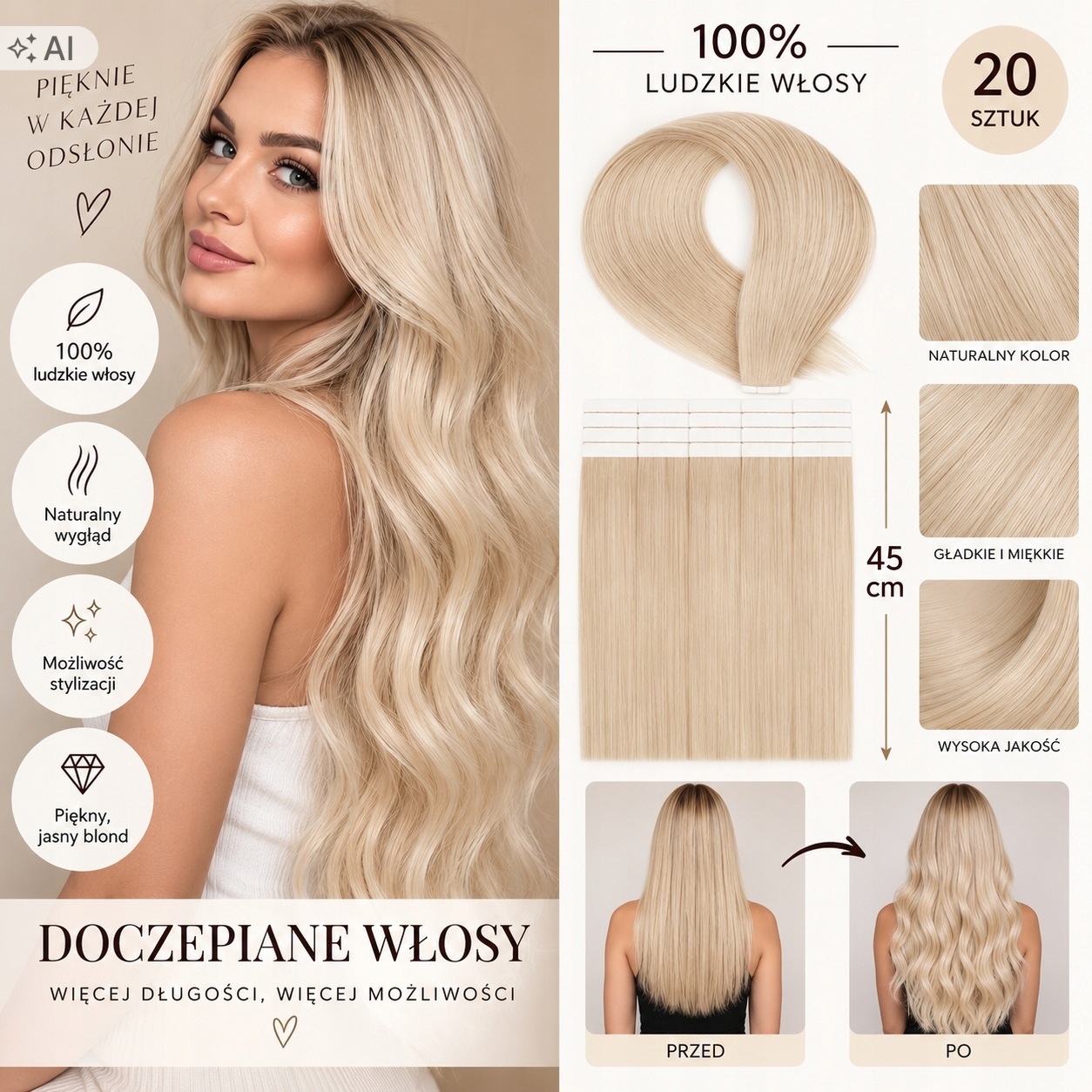 Ymeyme 100% Ludzkie Włosy Doczepiane 45 cm – 20 sztuk Jasny Blond