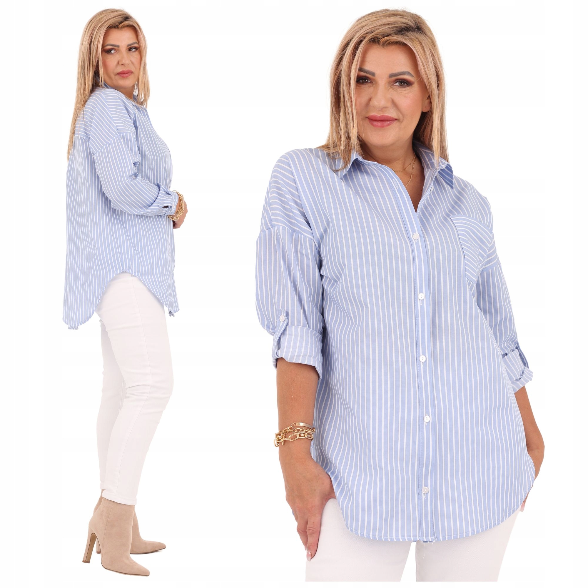 Bawełniana Koszula Damska Oversize Wzór W Paski Luźna Duże Rozmiary